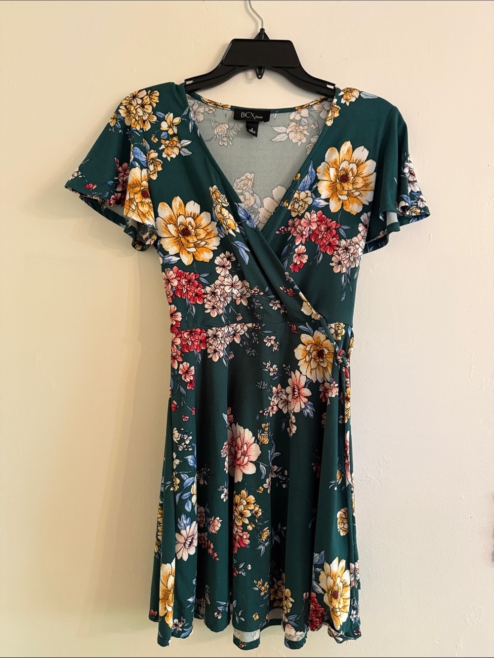 BCX Beautiful Dark Green Floral Wrap Midi Dress Size Small